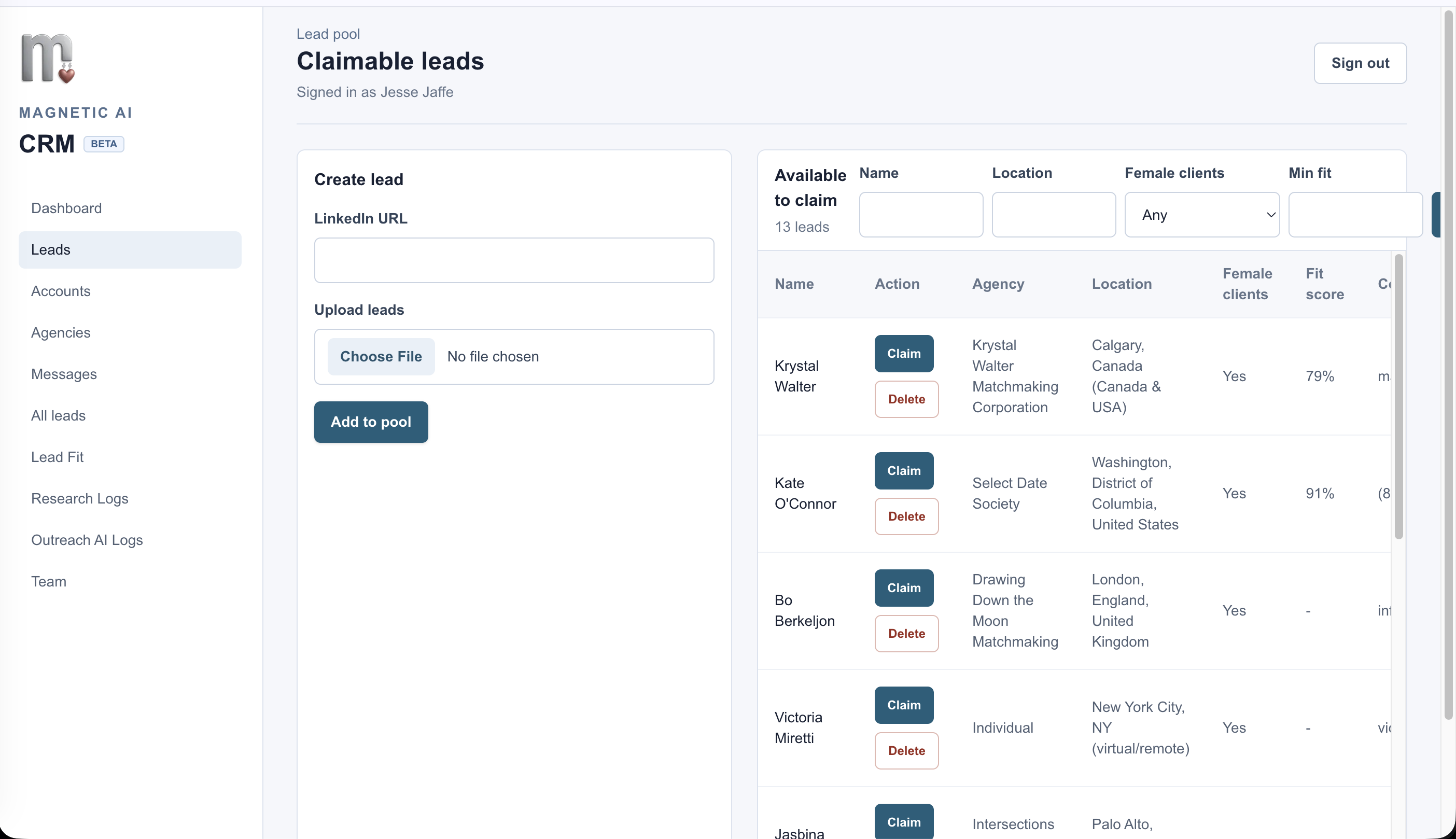 CRM claimable lead pool with AI-created leads available to the sales team