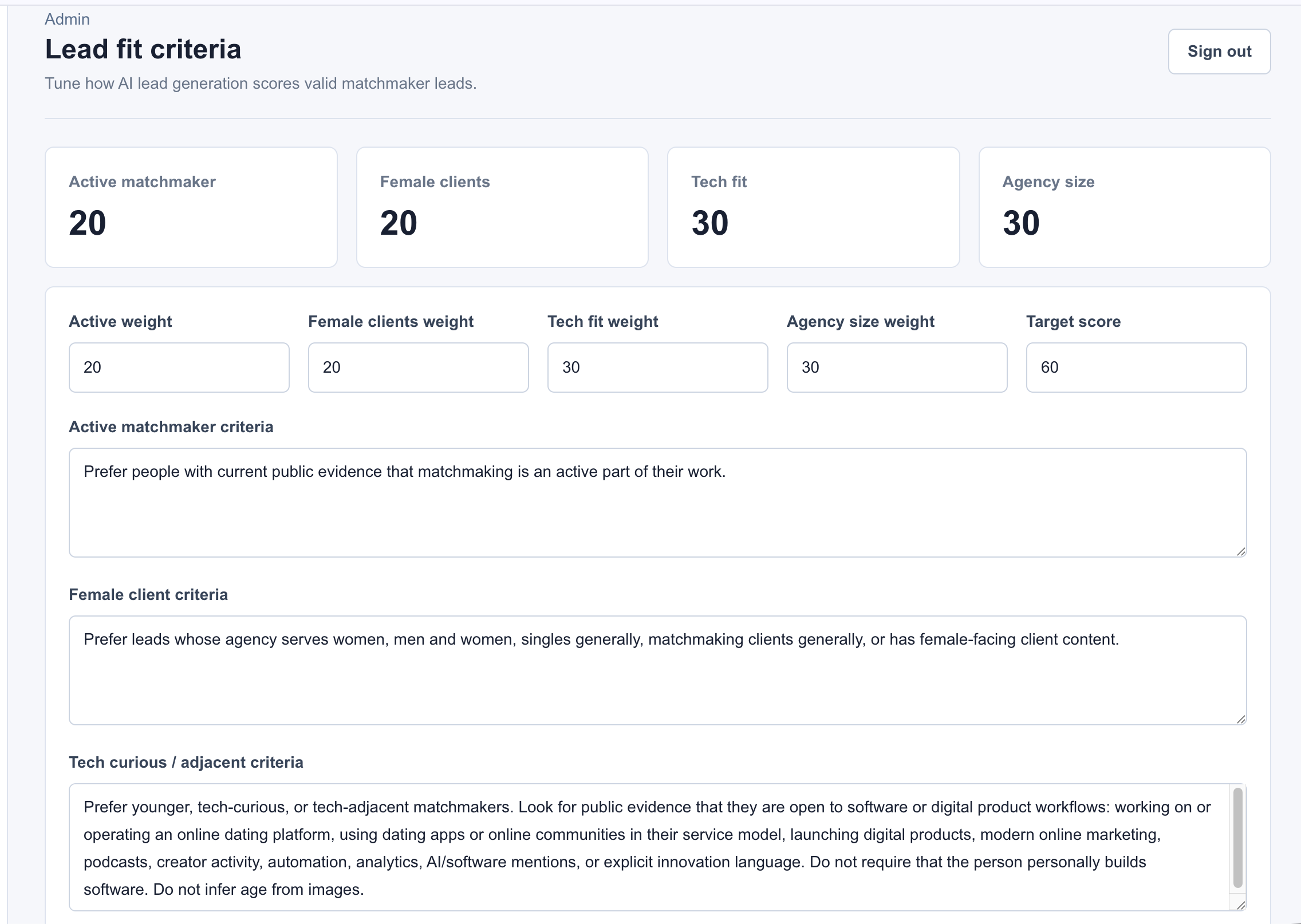 Admin lead fit criteria with editable weights and written criteria for current role, client audience, technology fit, and agency size