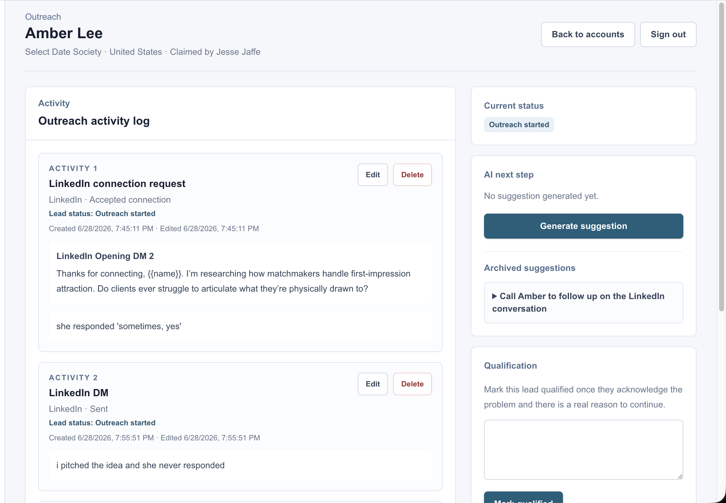 Outreach account view with activity history, AI next-step generator, archived suggestion, and qualification controls