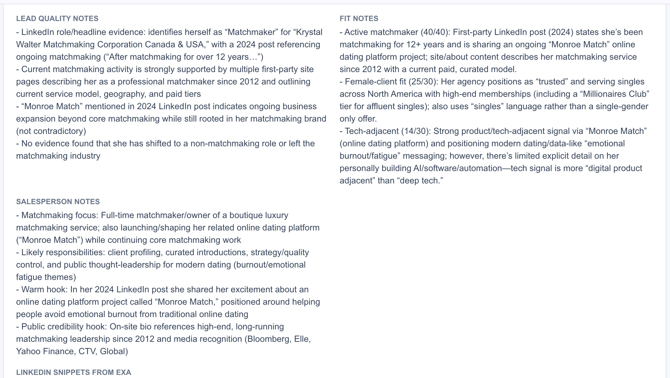 Research output with lead quality notes, salesperson notes, and category-by-category fit reasoning
