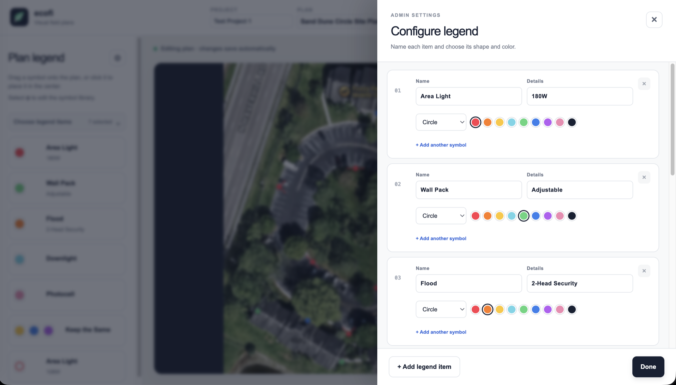 Ecofi configure legend panel with editable names, details, shapes, colors, and additional symbol controls
