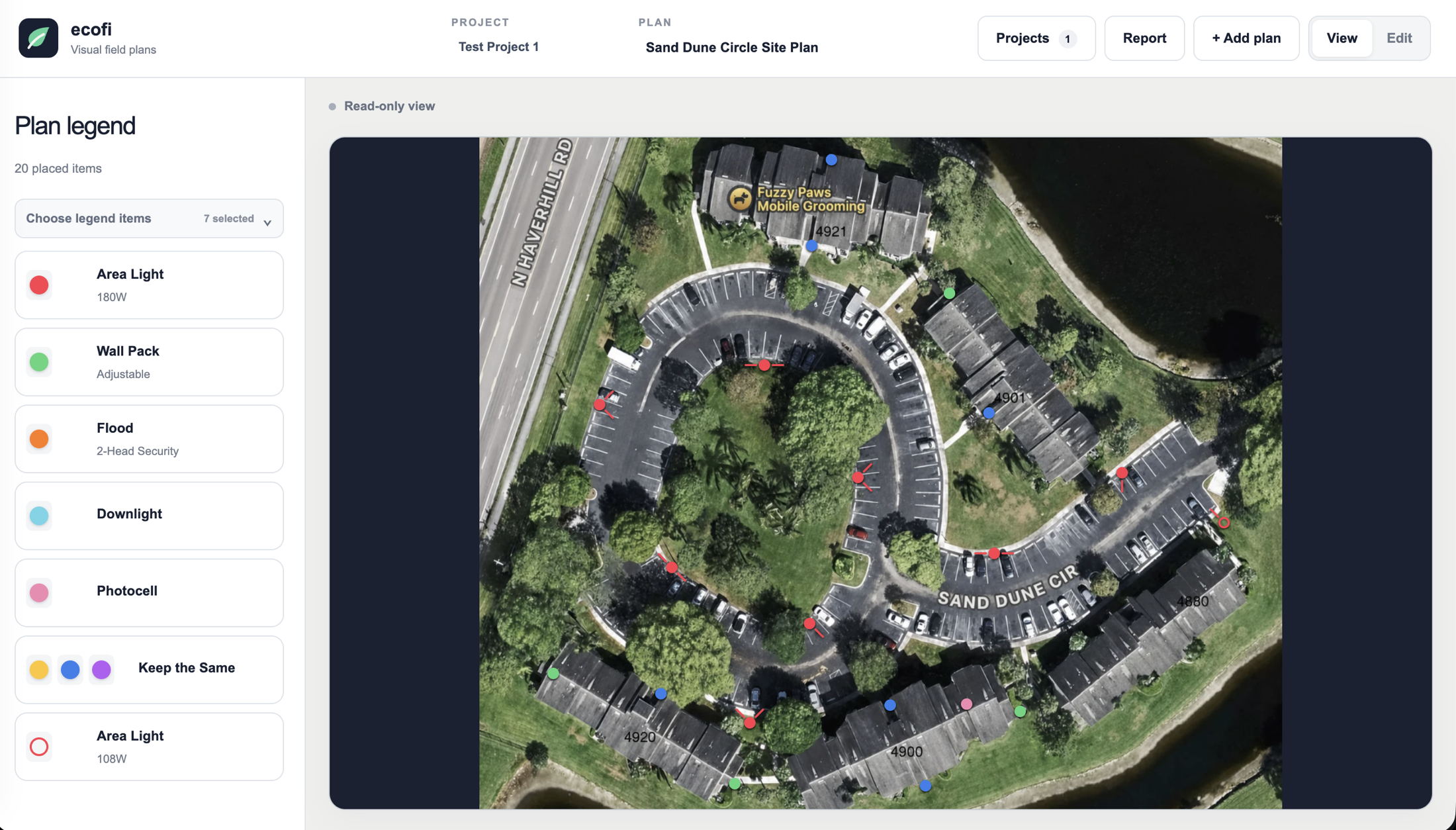 Ecofi read-only plan showing twenty fixture markers and connectors over an aerial property image beside its legend