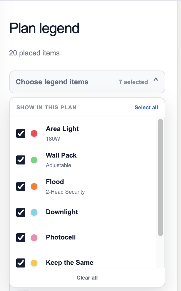 Ecofi plan legend filter with checked fixture types and controls to select or clear all items