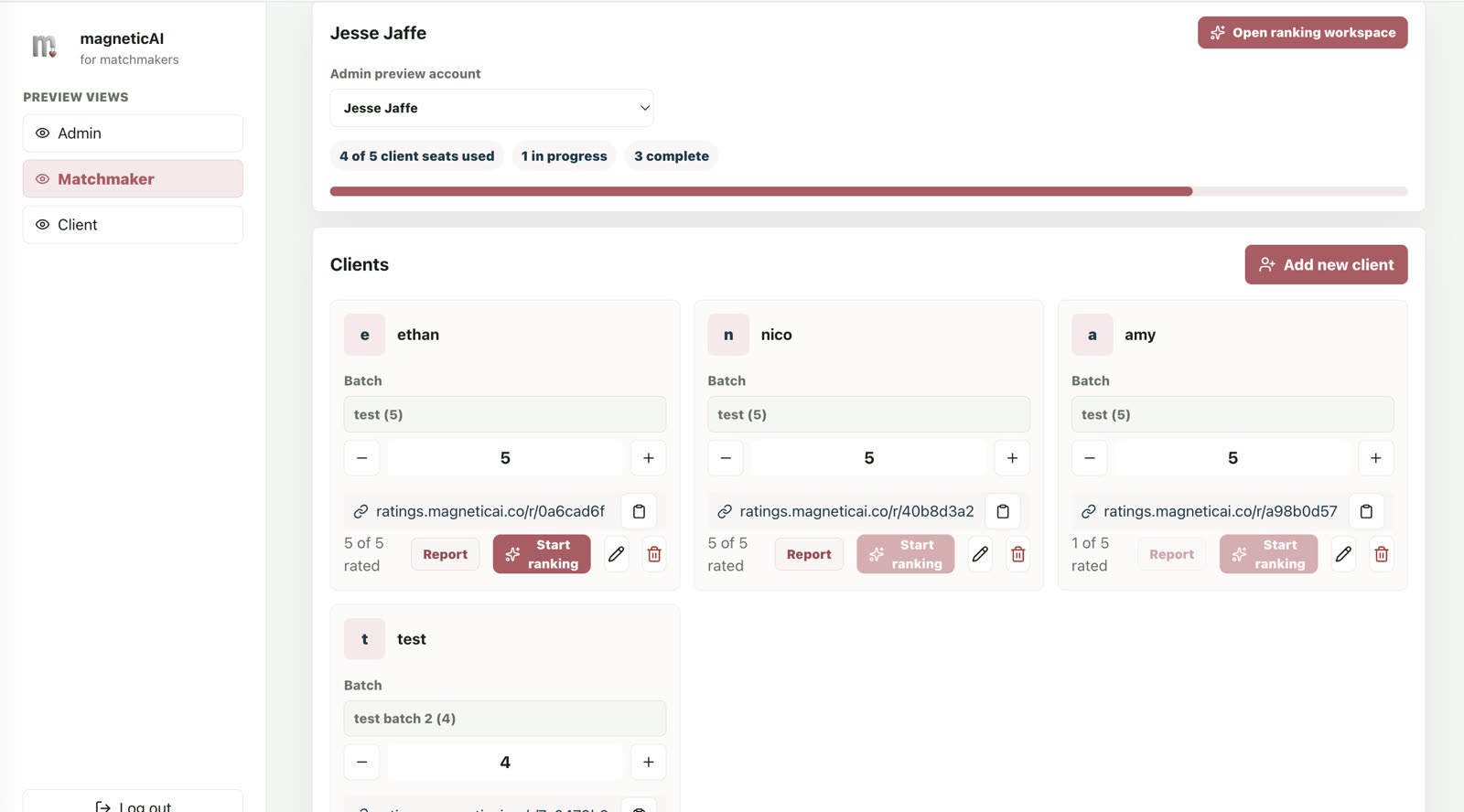 Matchmaker workspace with multiple clients, rating progress, and controls to start ranking