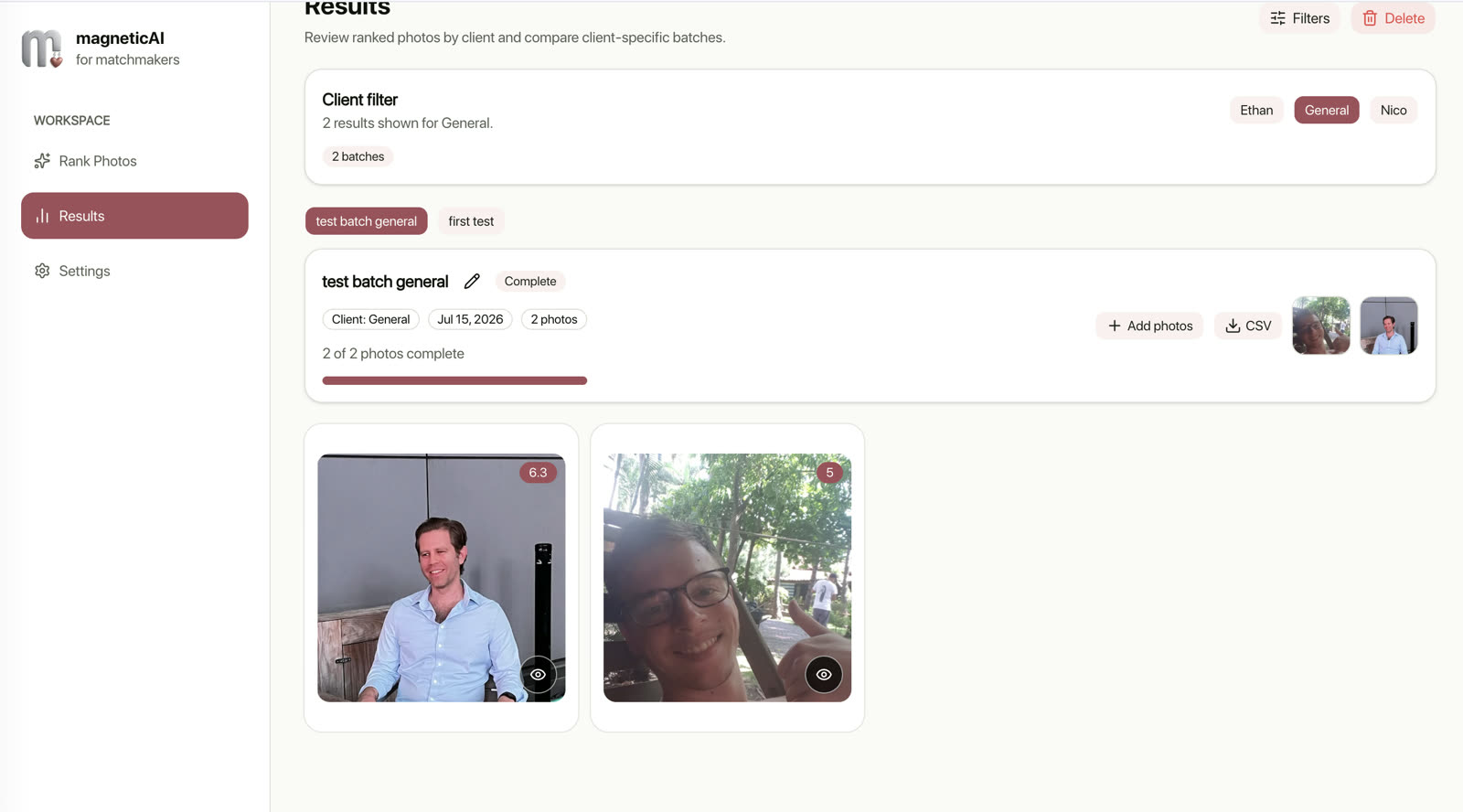 Ranked photo results showing client-specific scores for two candidates