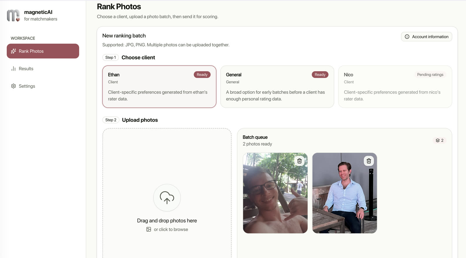 Ranking workspace with a client selected and two candidate photos in the upload queue