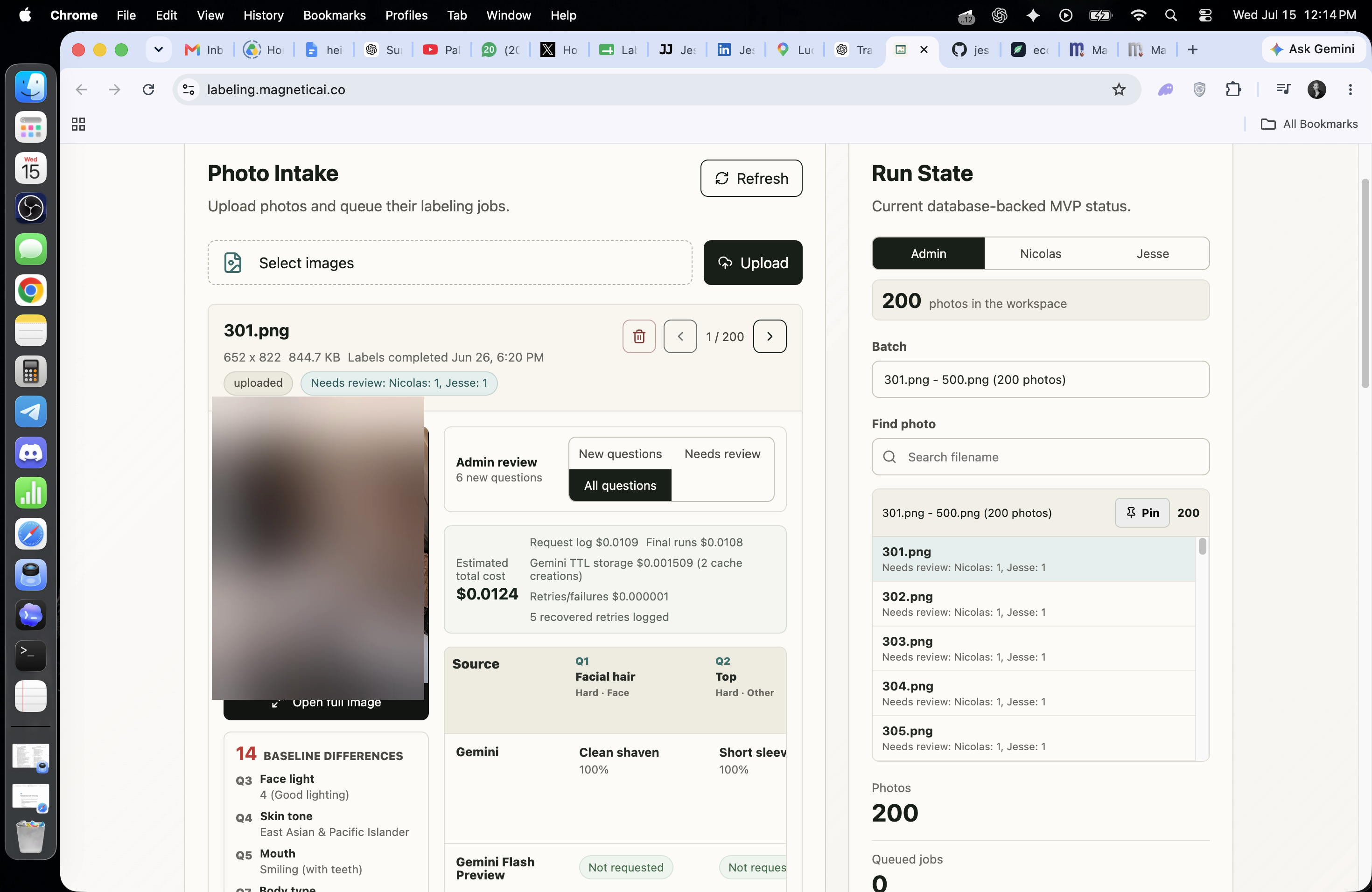 Labeling workspace showing photo intake, AI answers, review state, and a 200-photo batch
