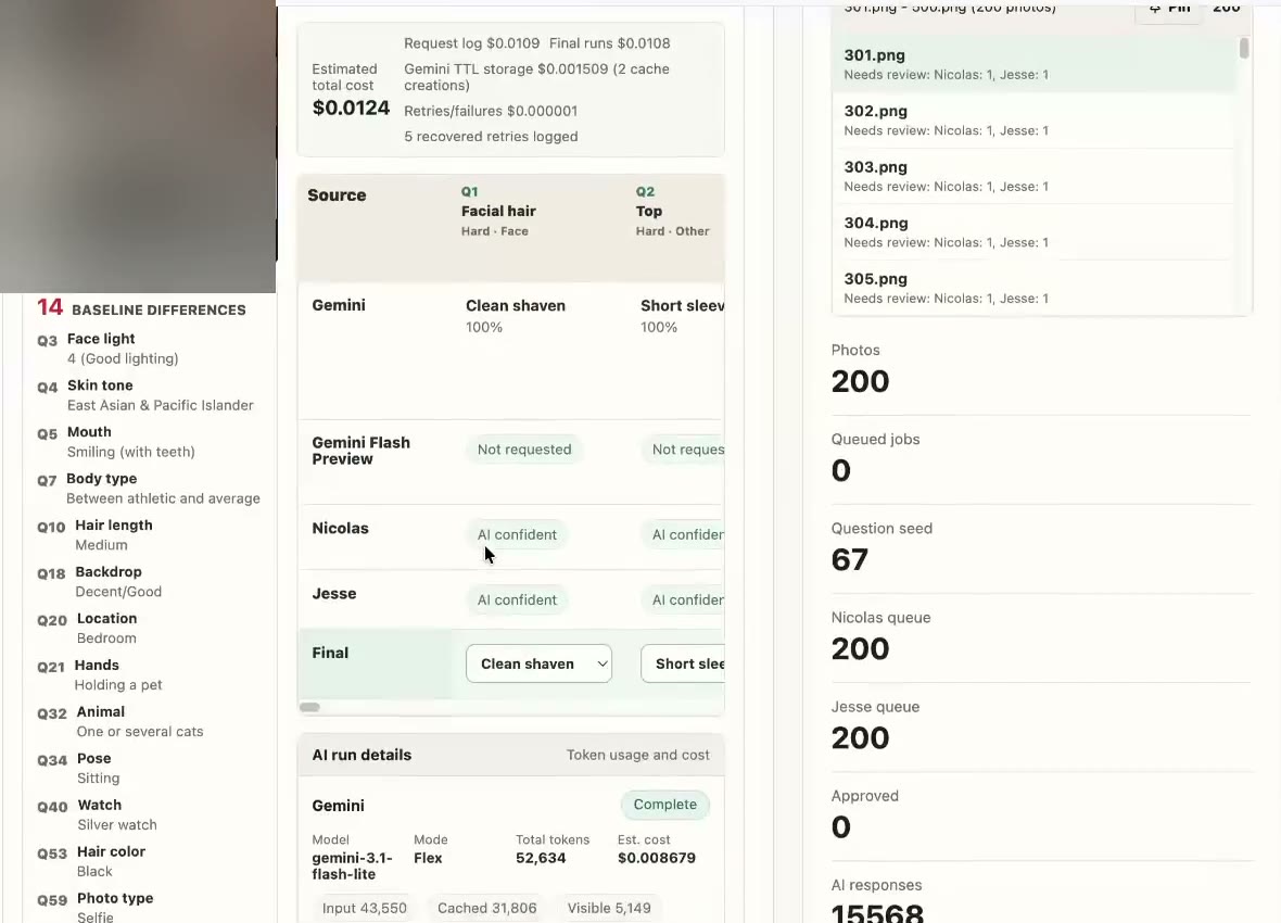 Labeling matrix showing AI answers, confidence, sampled quality assurance, and a structured photo analysis
